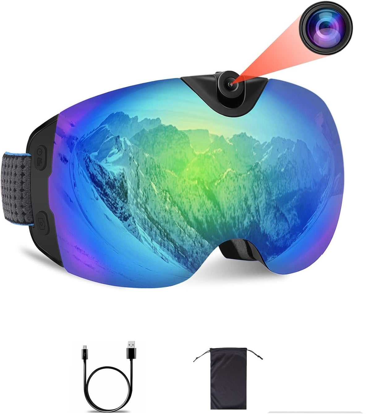 4K Camera Ski Goggles with pouch and cable