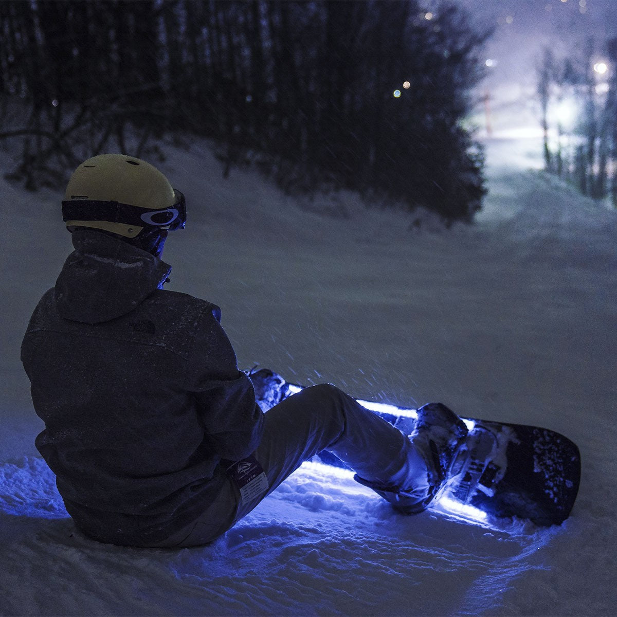 LED Snowboard Light Kit on snow at night