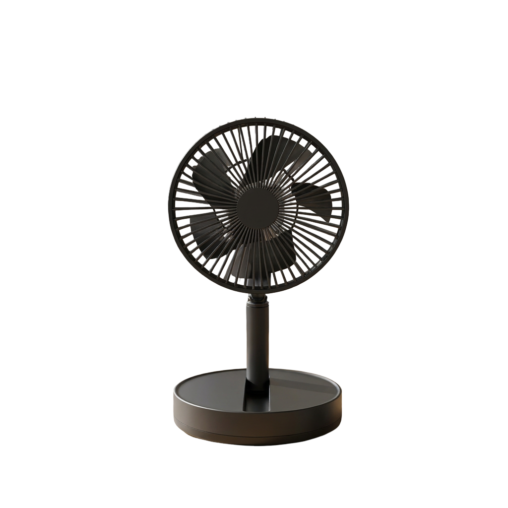 Portable desk fan on a clean desk