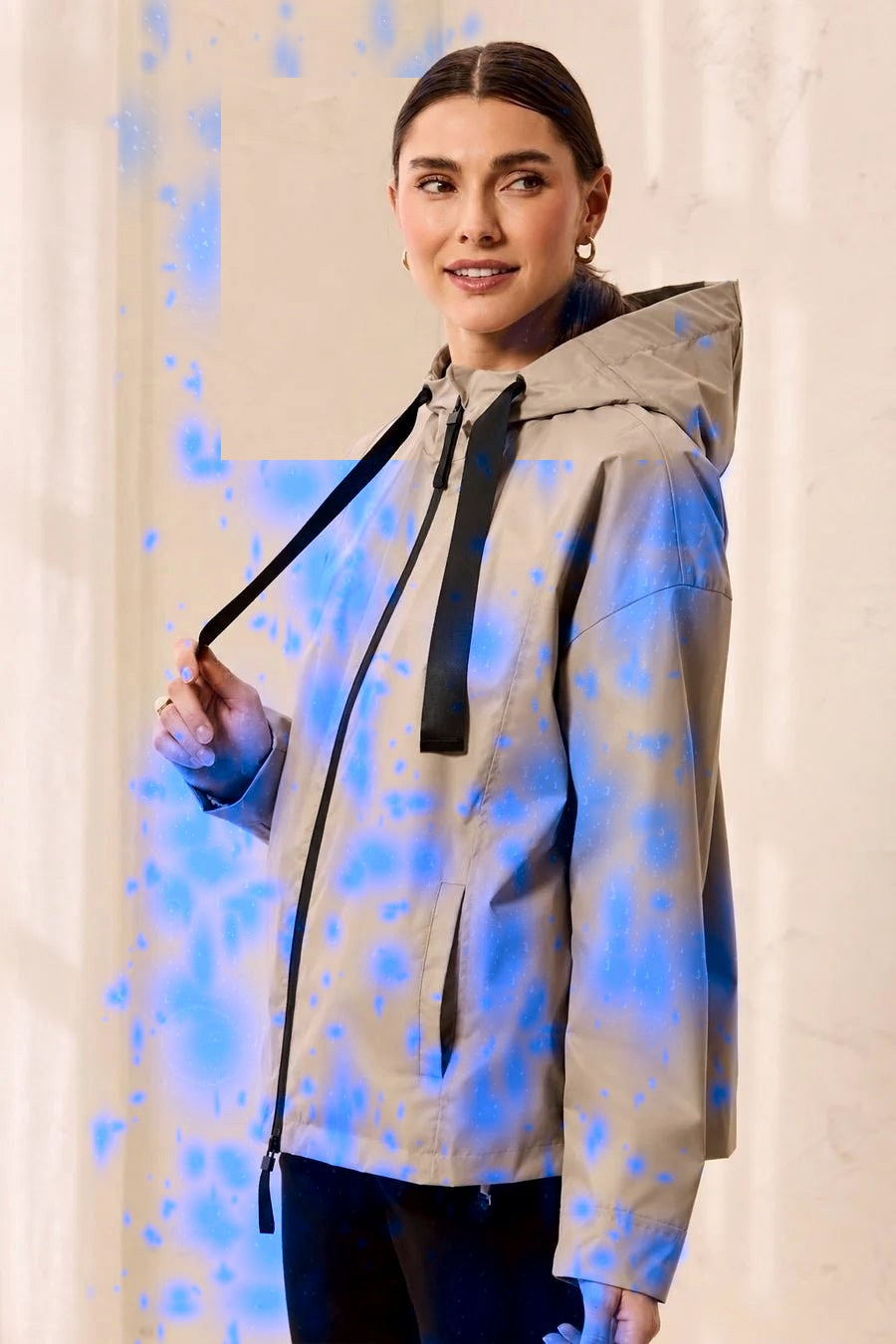 Hydrochromic jacket wet blue rain-spot activation